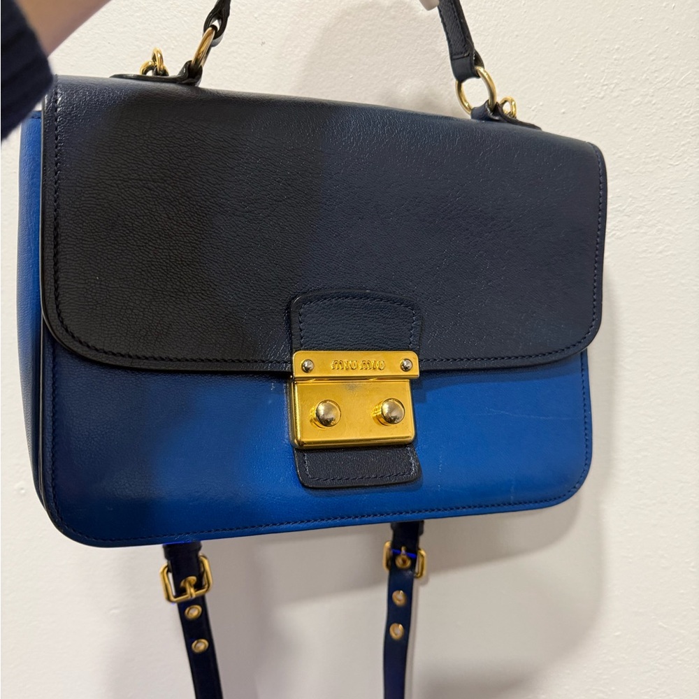 Miu Miu Two-Tone Navy and Cobalt Leather Crossbody with Gold Hardware